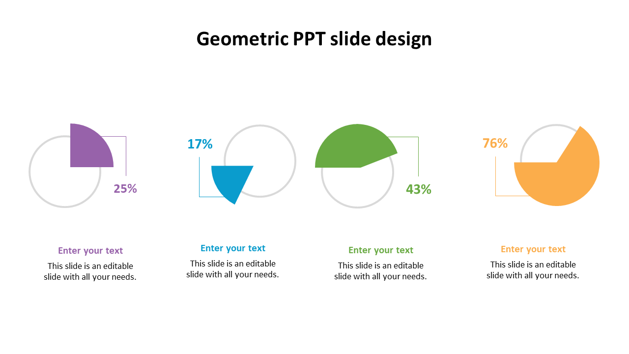 Four pie chart sections in purple, blue, green, and orange, showing percentages with text below.