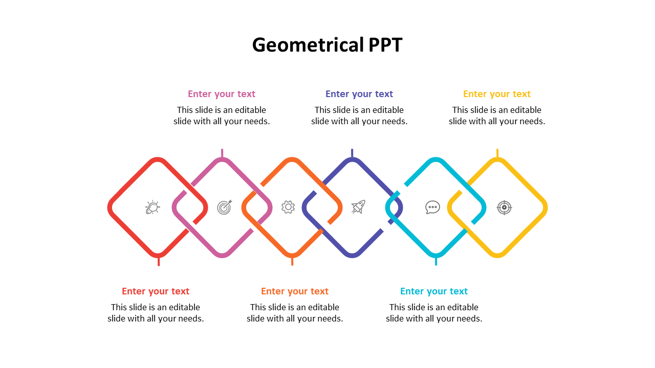 Six diamond shaped icons in red, pink, orange, purple, blue, and yellow, with corresponding icons and space for text.