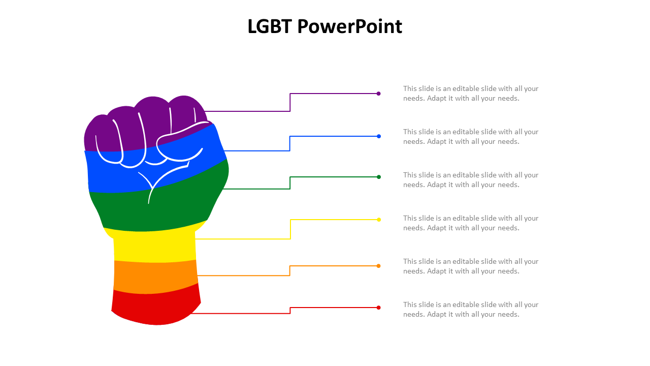 LGBT-themed fist icon in pride colors, with six lines leading to placeholder text areas.