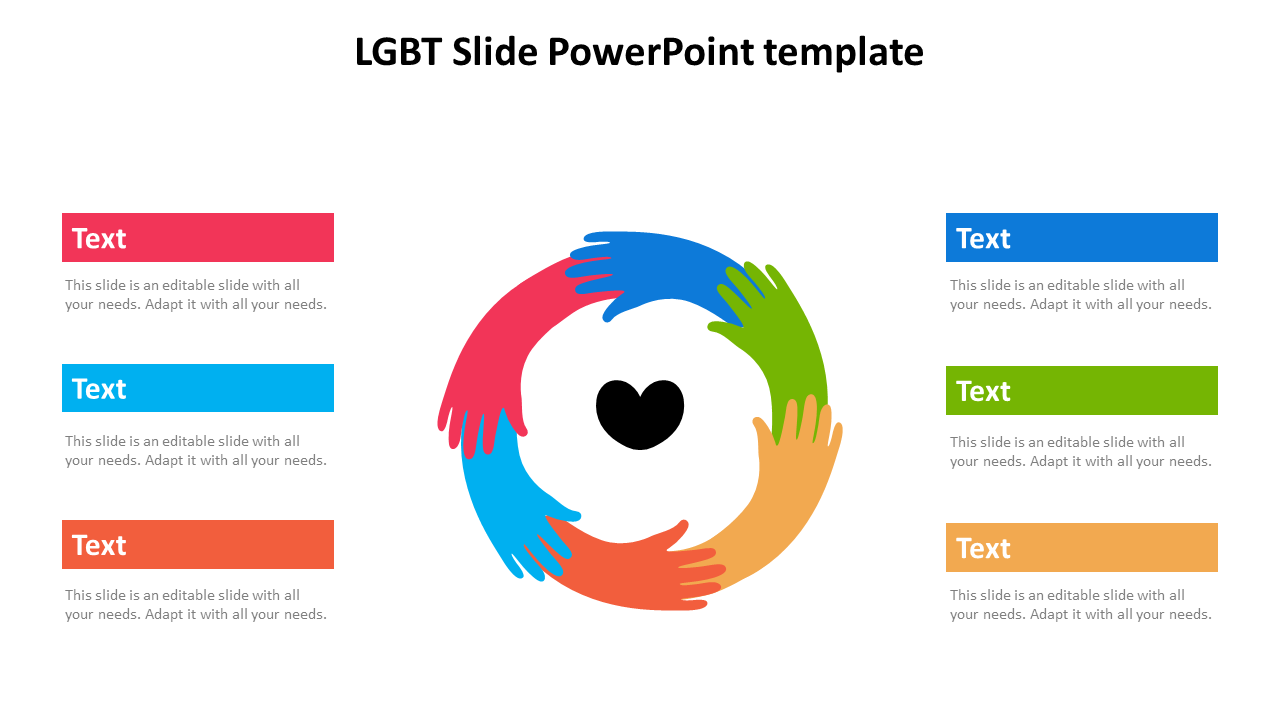 Slide featuring an LGBT themed template with a circular design of colorful hands and space for text.