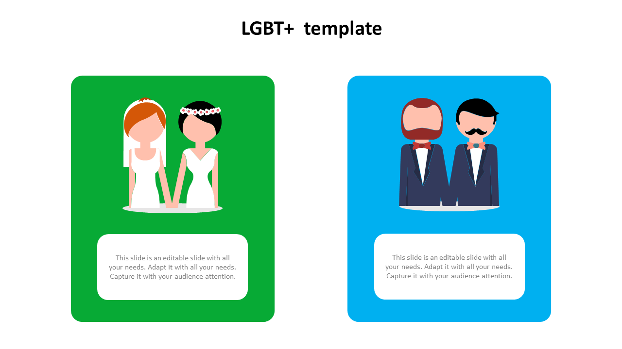 LGBT+ slide with icons of a female couple in wedding attire and a male couple in tuxedos, each with caption areas.