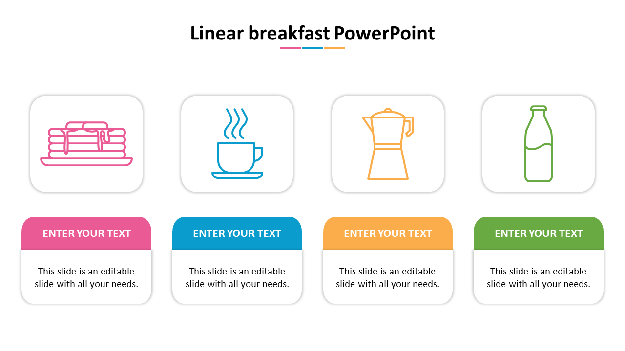 Four breakfast icons in pink, blue, yellow, and green, each with corresponding colored text boxes below.