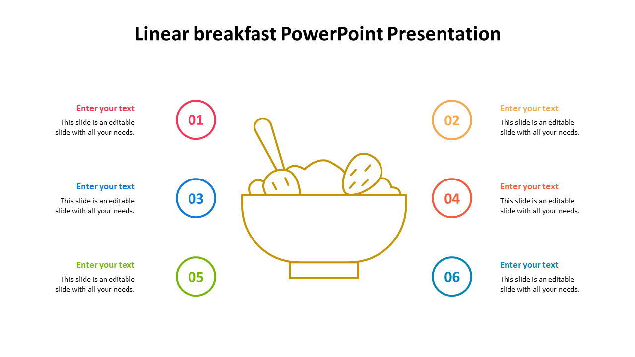 Yellow outline of a bowl with cereal and a spoon, surrounded by six colored numbered icons with text.