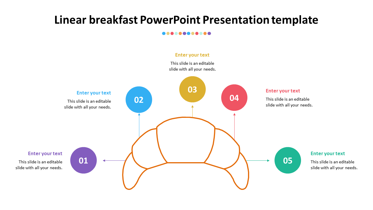 PowerPoint slide with a linear breakfast design, showing five sections for text with colorful numbered labels.