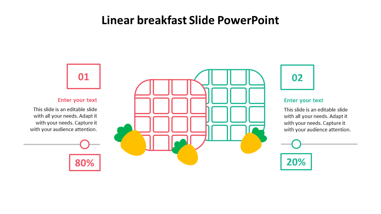 Linear breakfast PPT slide with two color waffle illustrations and progress indicators for each step with placeholder text.