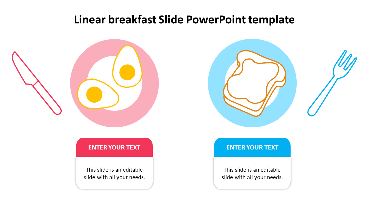 Slide showing a pink plate with eggs and a blue with toast, each have matching colored text box below and utensil icons.