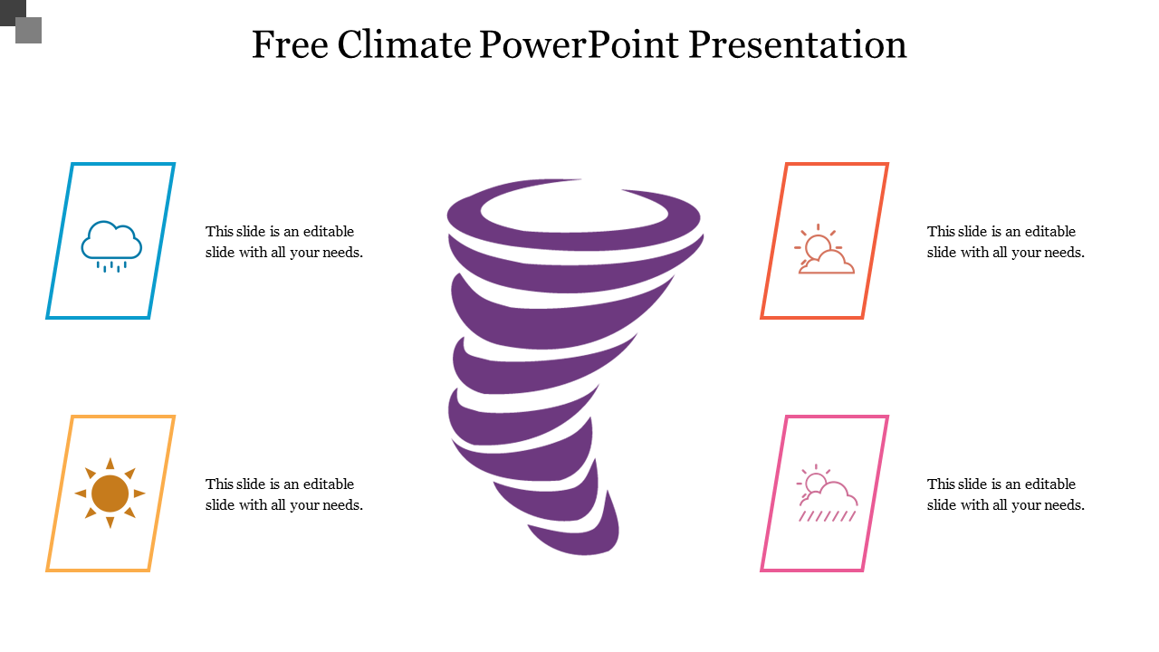 Central purple tornado graphic with four weather icons on colored frames around it, illustrating climate themes.