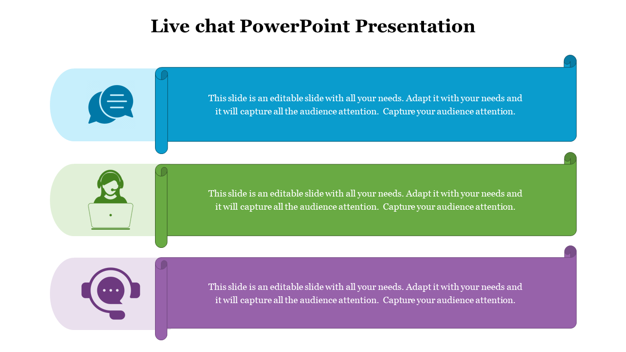 Three colorful banners with icons representing live chat services in blue, green, and purple set with caption areas.