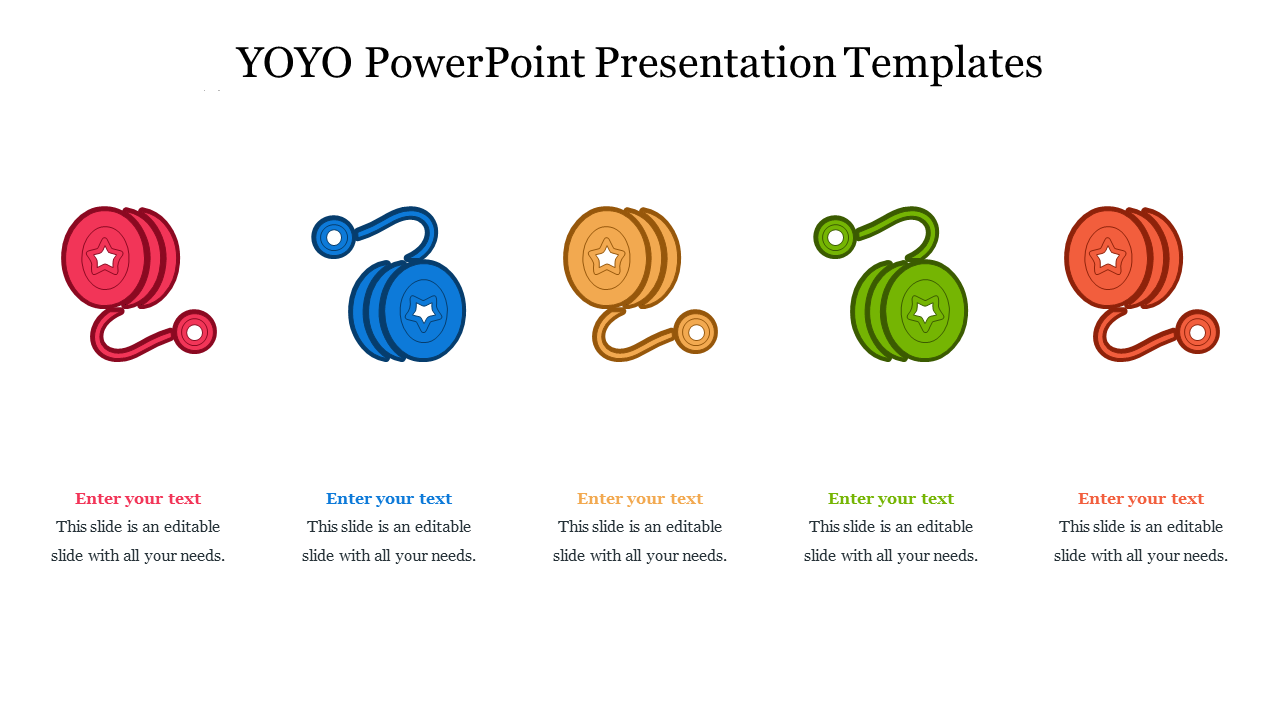 Four colorful yo-yo illustrations in red, blue, orange, and green, each with a text placeholder below.