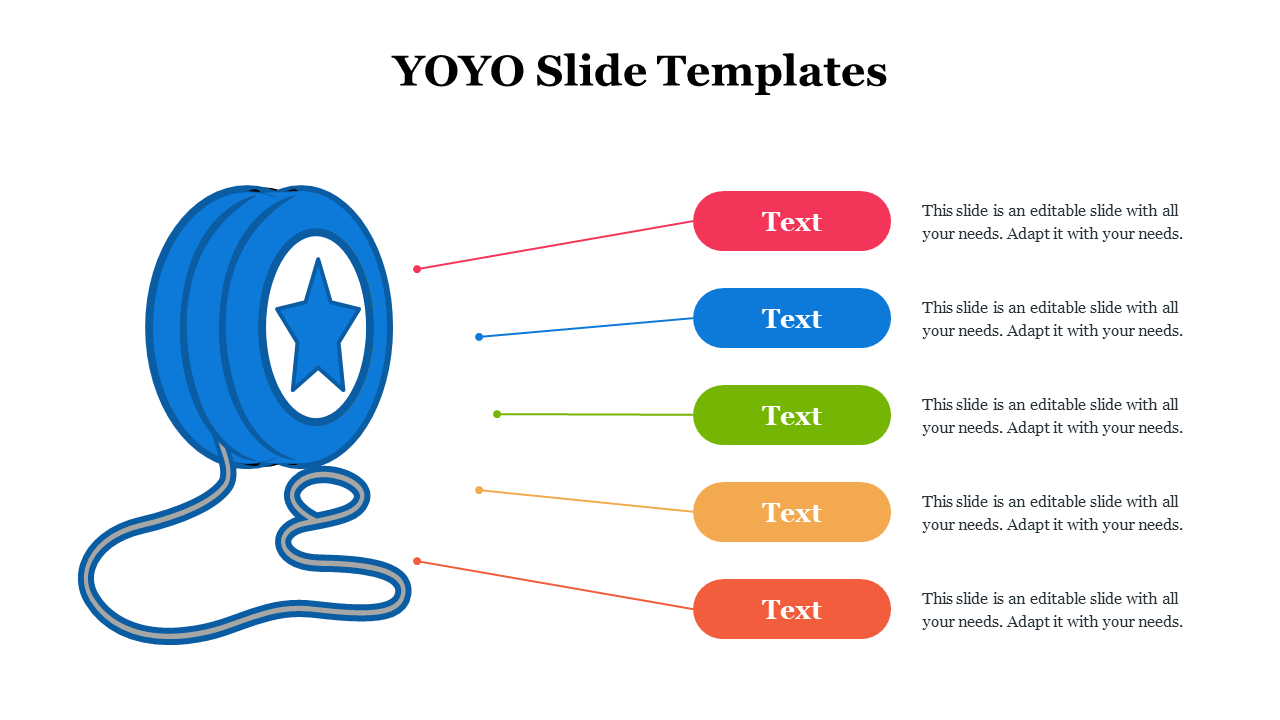 A PowerPoint slide featuring a blue yoyo icon with colorful lines leading to text placeholders, indicating content sections.