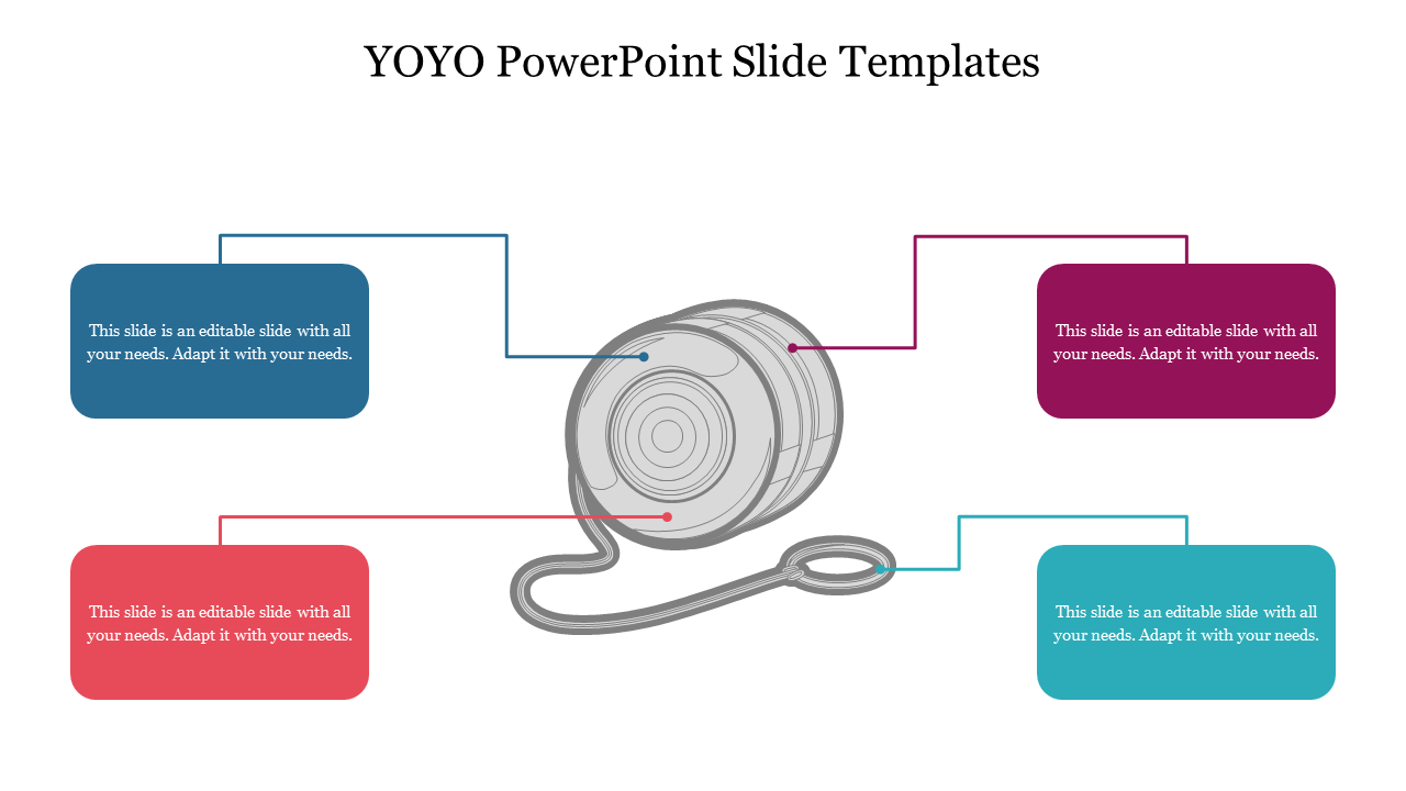 YOYO-themed  slide with a central yoyo graphic connected to four colored placeholder text boxes placed in a white background.