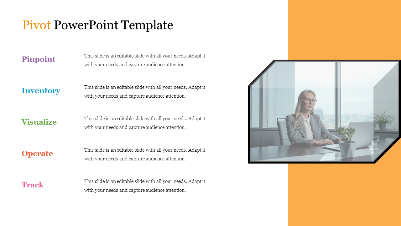 Five colorful text sections and a hexagonal image on the right featuring a woman in a modern office, with orange sidebar.