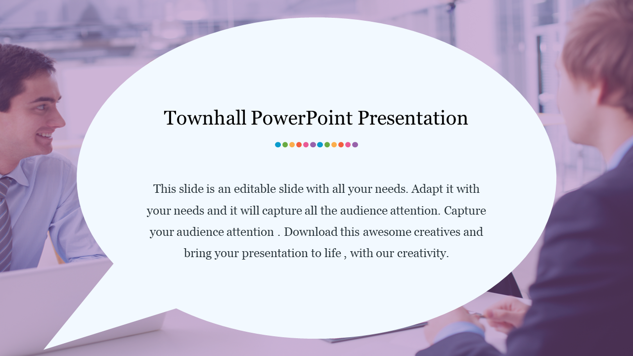 Townhall PowerPoint presentation slide with a speech bubble, showing two people in a discussion with placeholder text.