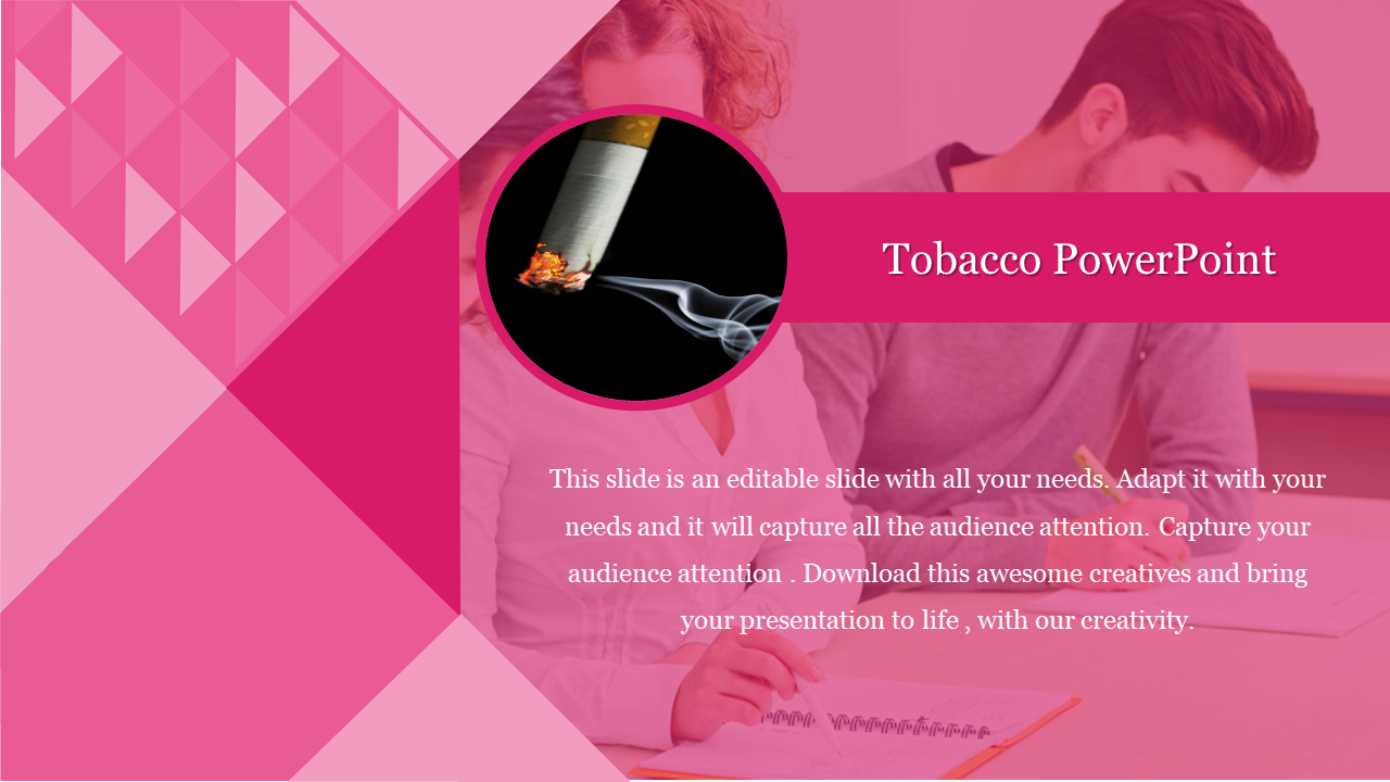 Vibrant pink design with geometric patterns with a cigarette image in a circle, overlaid with a text box on the right side.