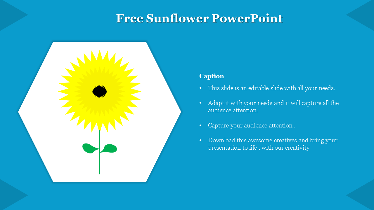 Slide featuring a vibrant sunflower illustration on a blue backdrop with captions.