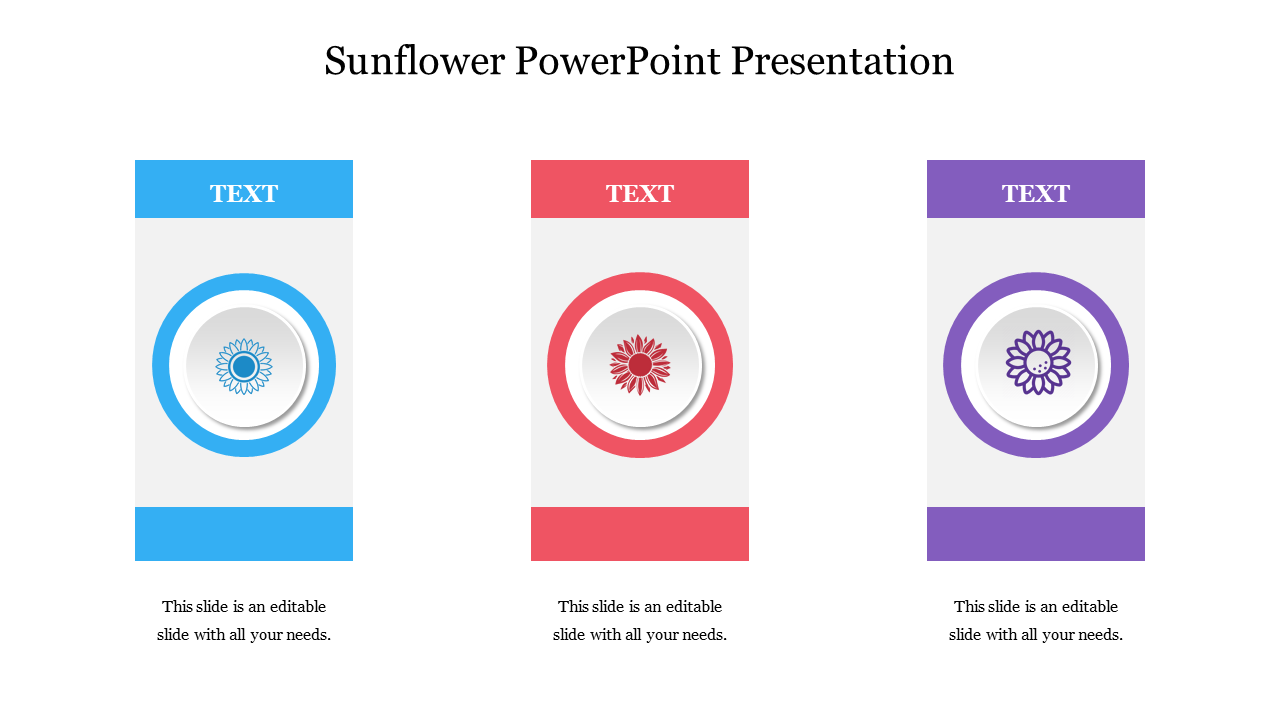 Three-panel layout with sunflower icons in blue, red, and purple sections, each with a placeholder text  at the top.