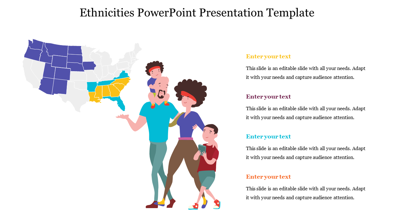 Ethnicities PowerPoint template with a family illustration and a U.S. map highlighting different regions with text.