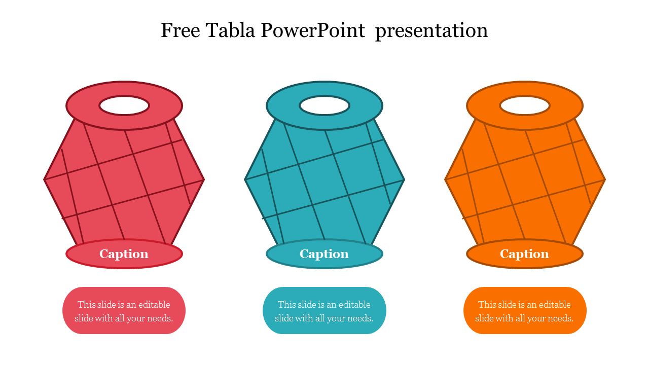 Template featuring three tabla drum illustrations in red, blue, and orange, each with a caption areas.