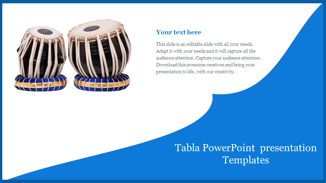 Pair of tablas on a white background with text, and a curved blue design on the bottom right with a title.