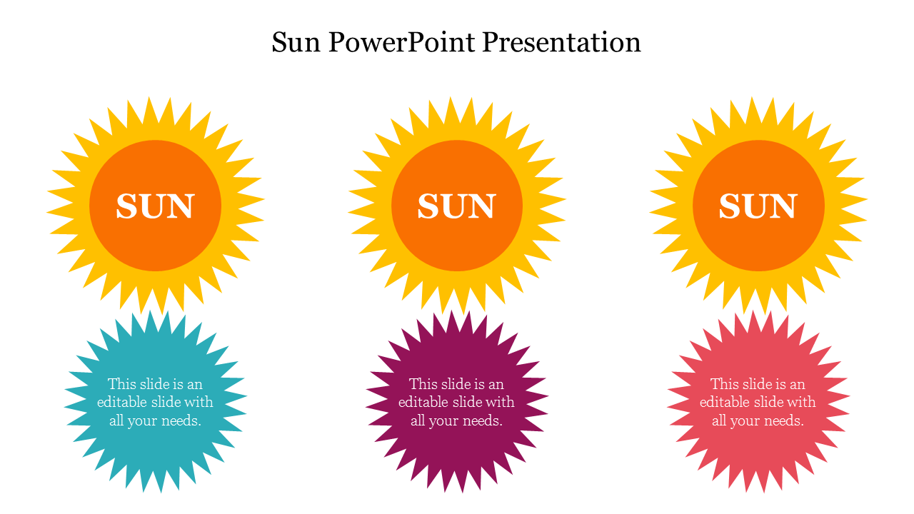 Slide with three bright yellow sun shapes, and three colorful starburst text boxes below in blue, purple, and orange.