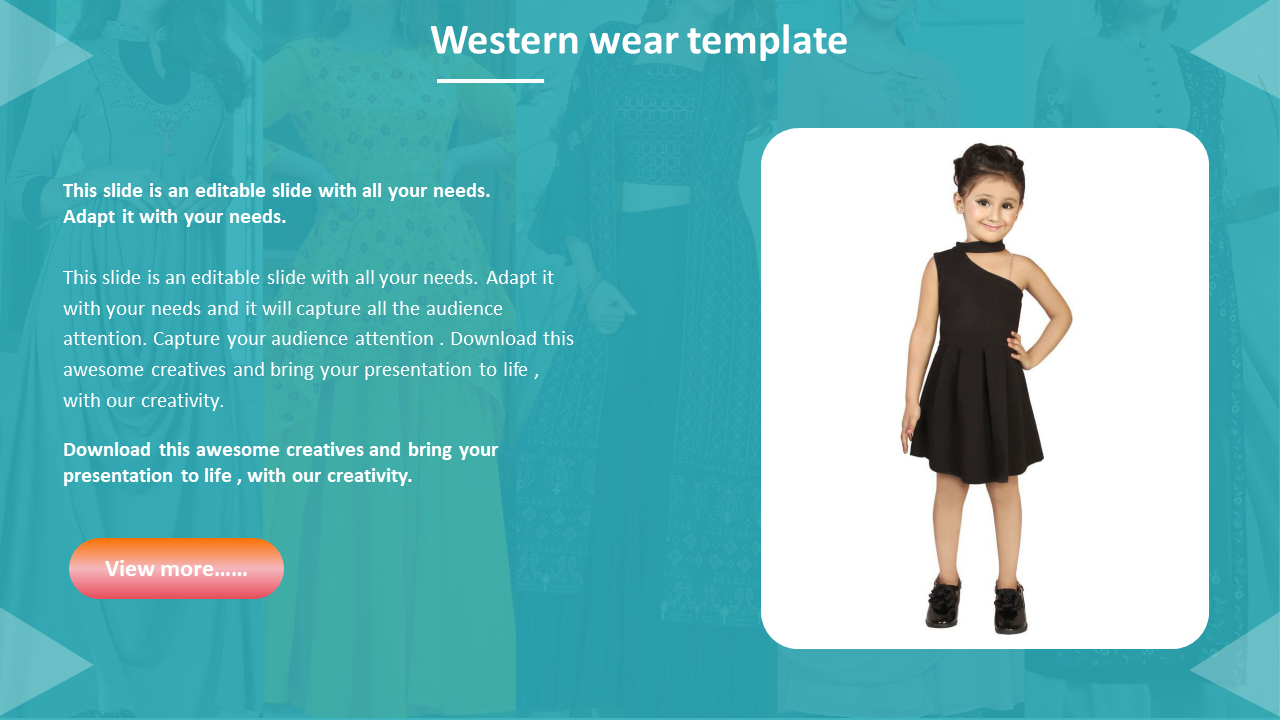 Child in a fashionable black one-shoulder dress highlighted in a modern western wear slide design.