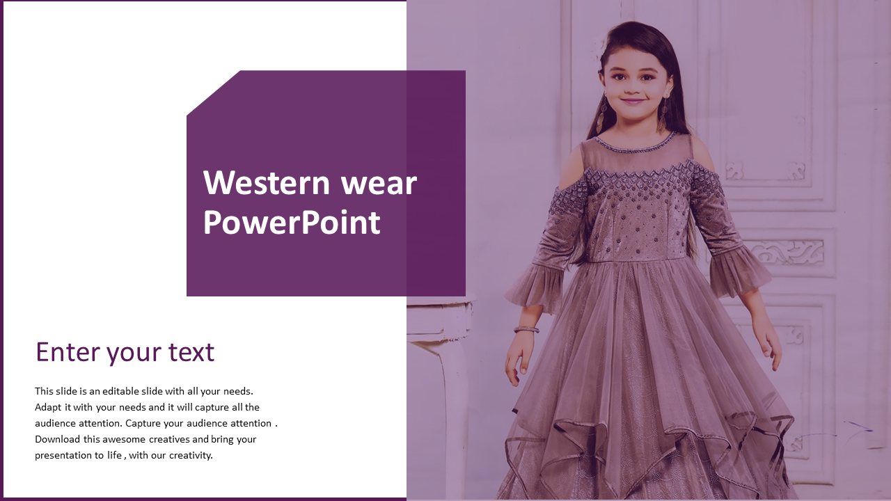 Slide for western wear featuring a young girl in a stylish dress on a white and purple backdrop.