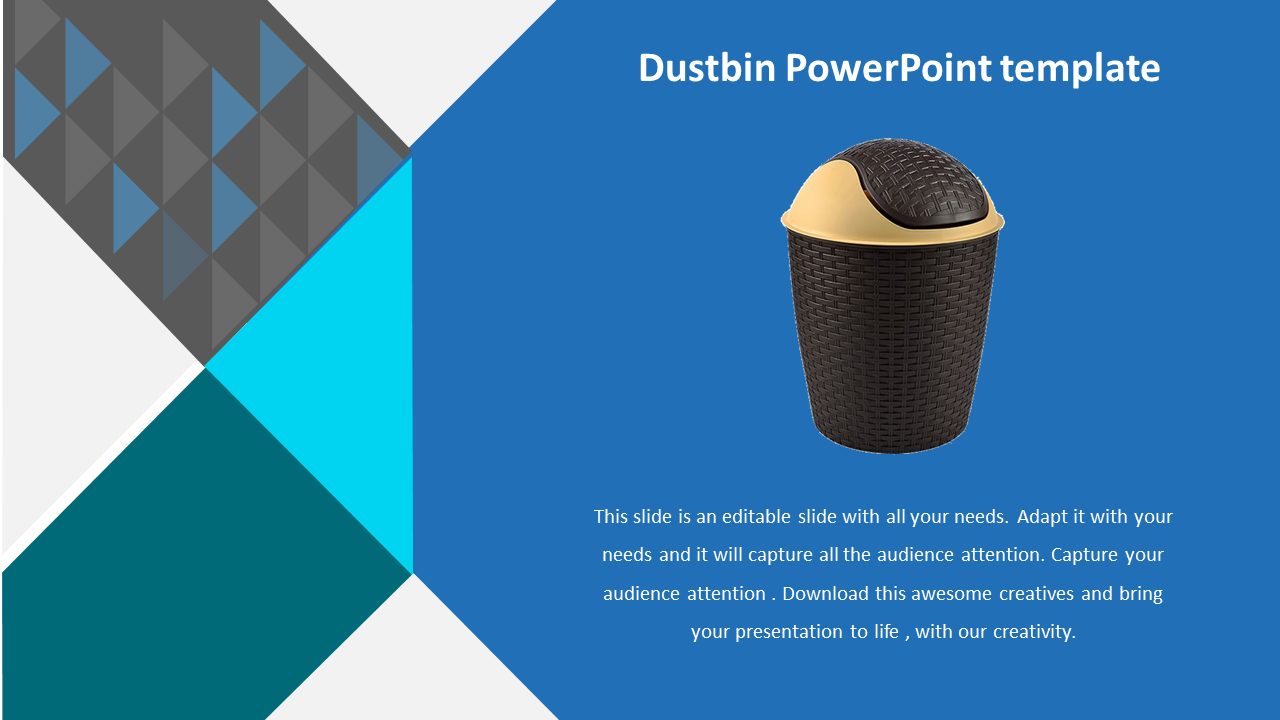 A slide featuring a stylish dustbin design with a lid, set against a colorful geometric background.