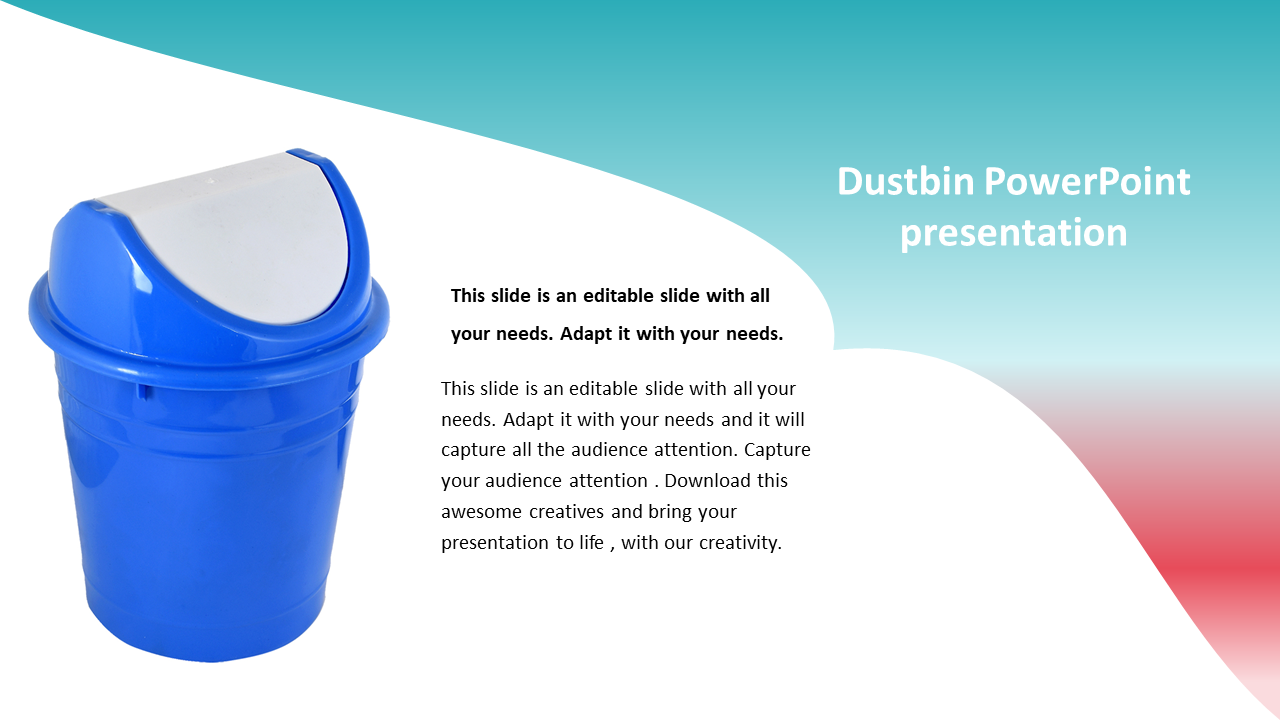 Dustbin PowerPoint presentation with a blue bin image and editable text on a gradient background.