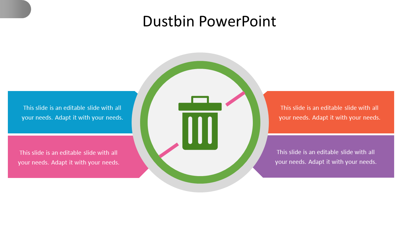 Slide featuring a dustbin icon in the center with four sections in blue, pink, red, and purple on each side with text.