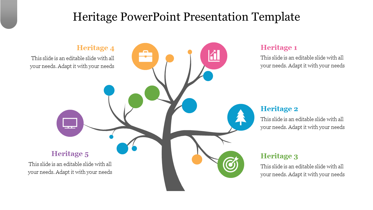 Heritage presentation slide featuring a tree diagram with colorful icons representing various heritage aspects.