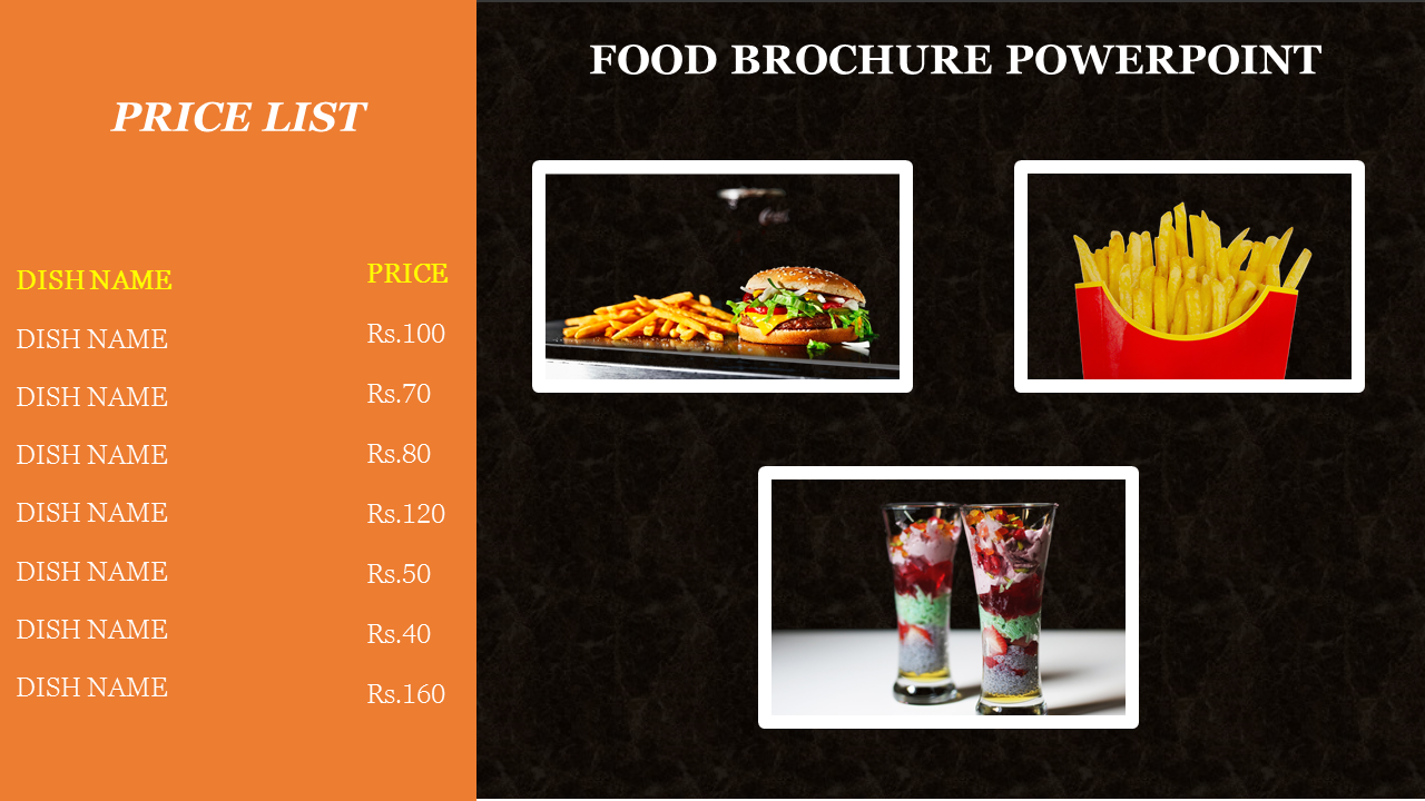 Food brochure PowerPoint slide with a price list and images of a burger, fries, and layered desserts.