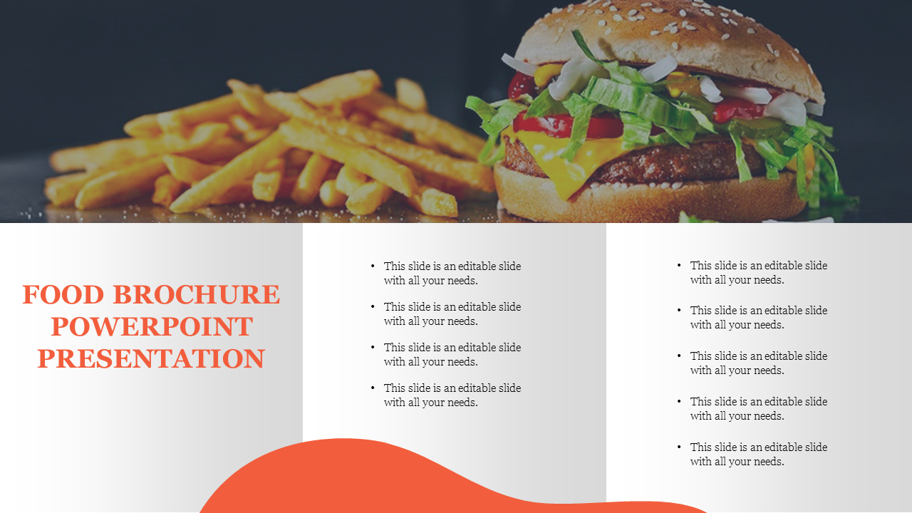 Food brochure slide featuring a burger with fries and placeholder text areas for content.