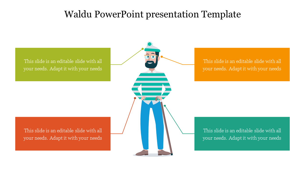 Waldu themed PowerPoint template with a striped character and colorful text boxes surrounding him on a white backdrop.