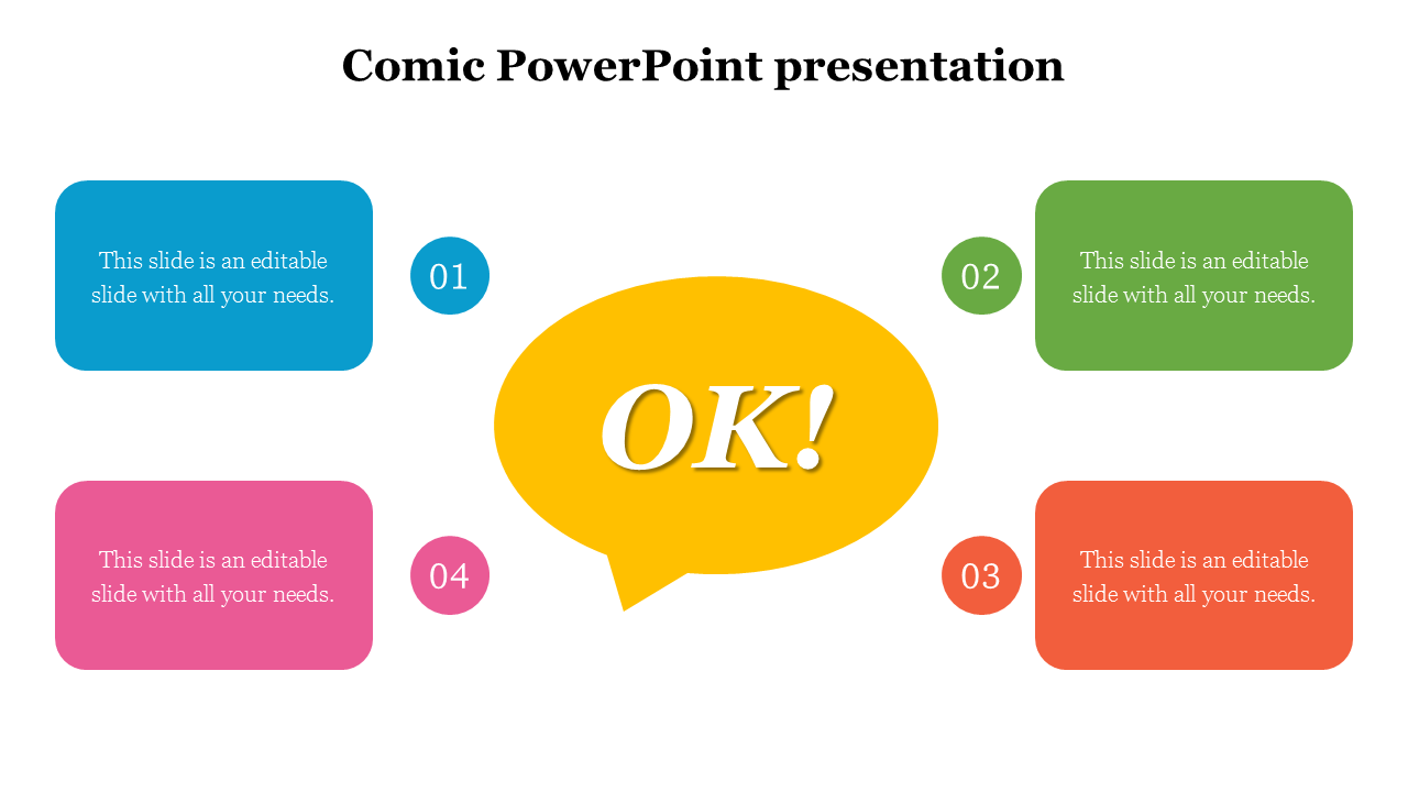 A vibrant comic themed slide layout with four numbered bubbles in different colors, designed for adding text.