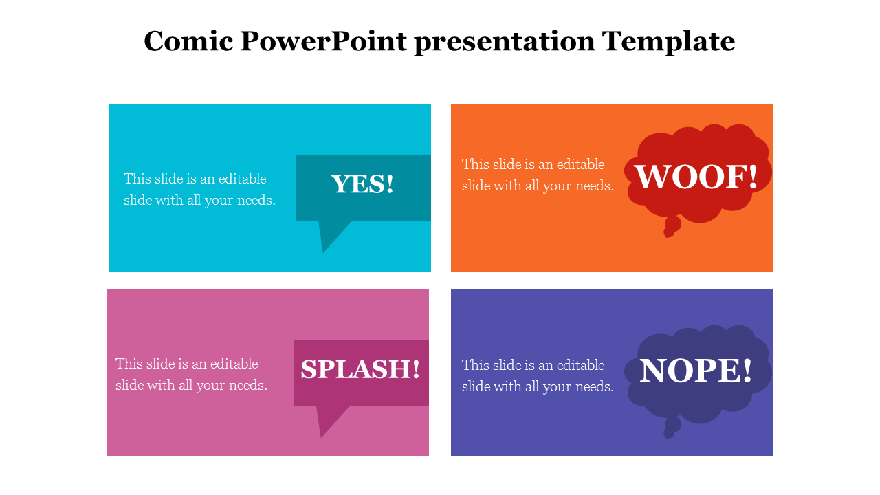 Comic style PowerPoint slide with colorful speech bubbles reading yes, woof, splash, and nope with placeholder text.