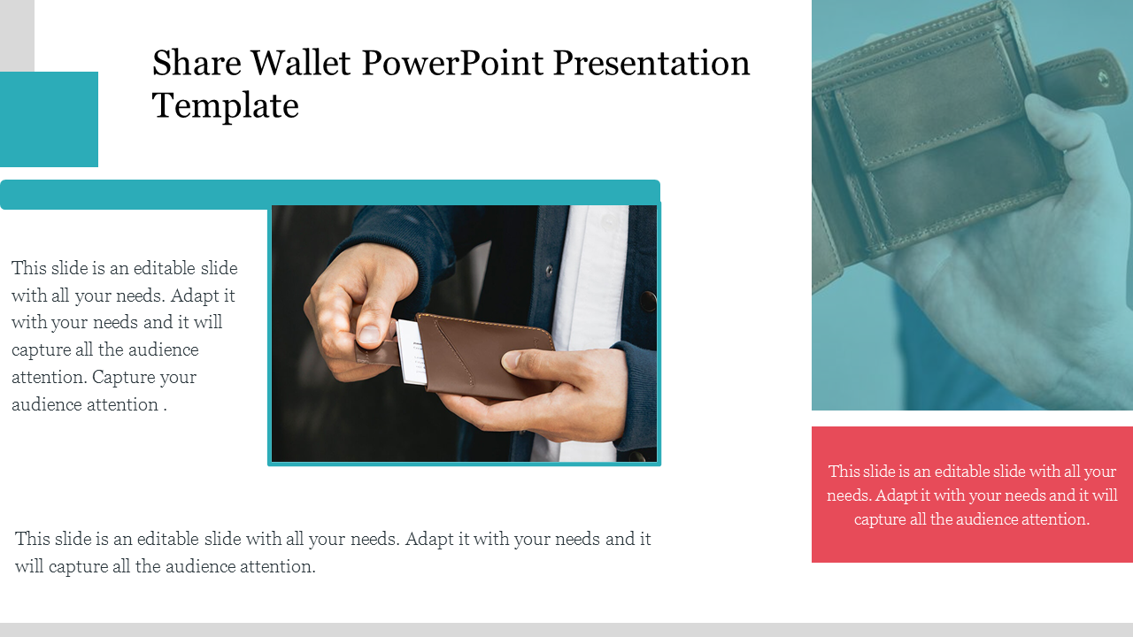 Slide featuring two wallet images with text sections, and a teal and red accent layout.