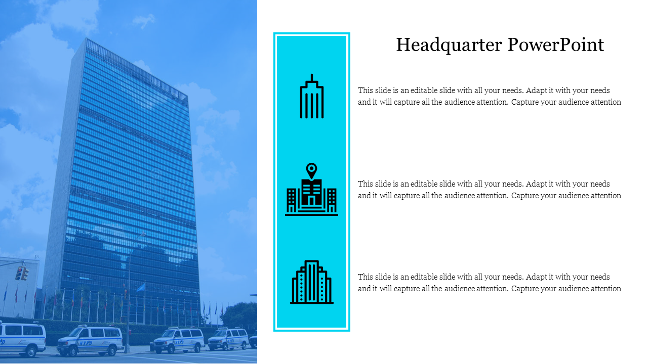 Slide with a blue tinted skyscraper image on the left and three vertical icons in teal box, with text on the right.