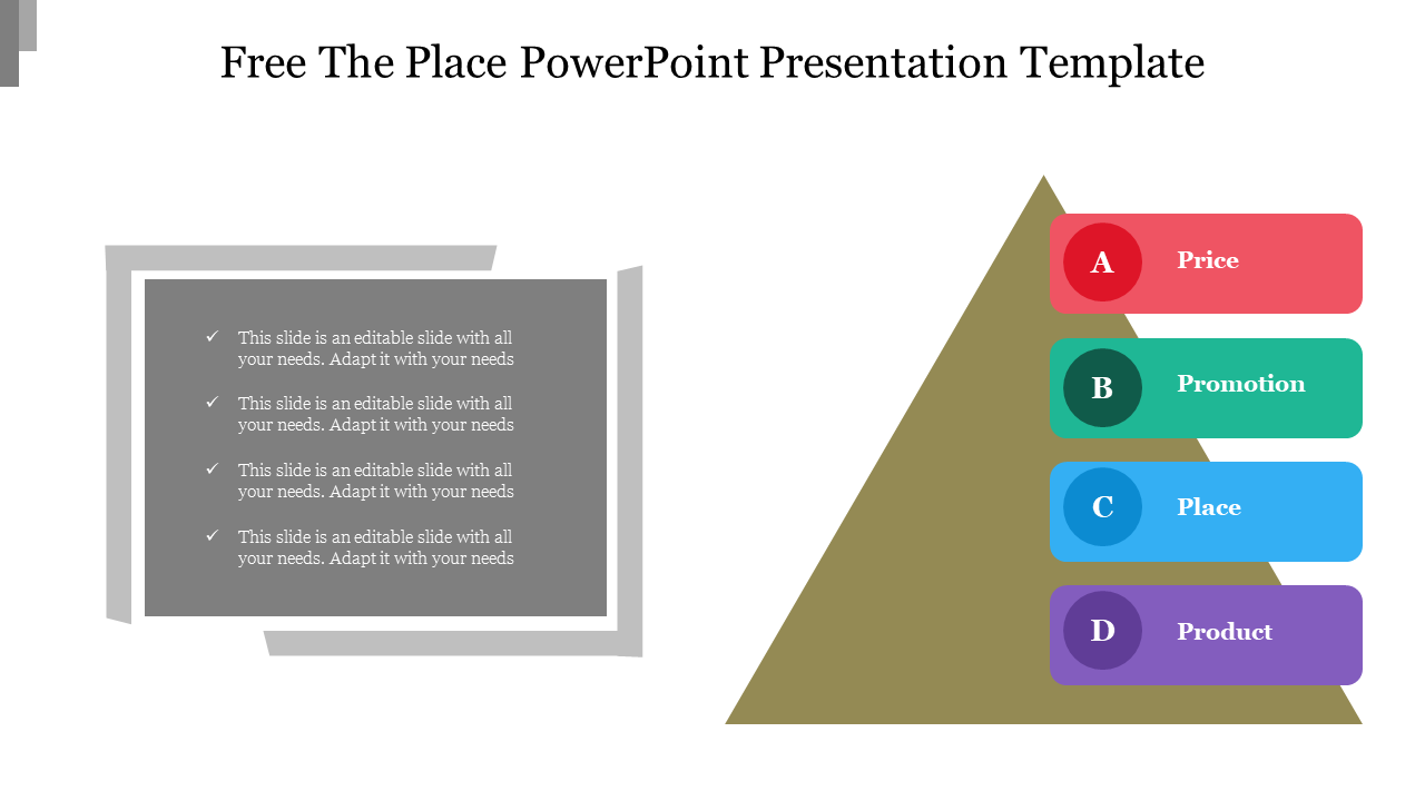 Pyramid diagram PPT slide in a color coded labeled sections like price, promotion, place, and product alongside text box.