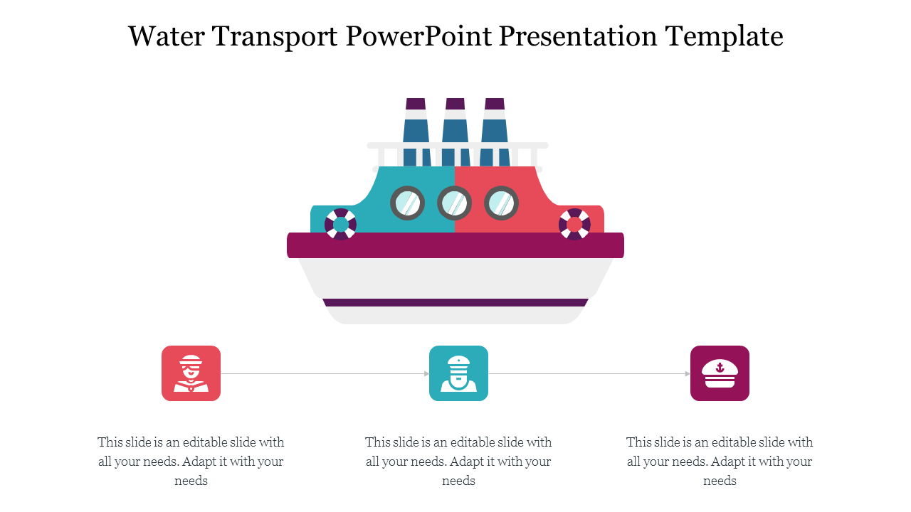 Colorful PowerPoint water transport slide featuring a stylized ship and placeholders for content with icons.