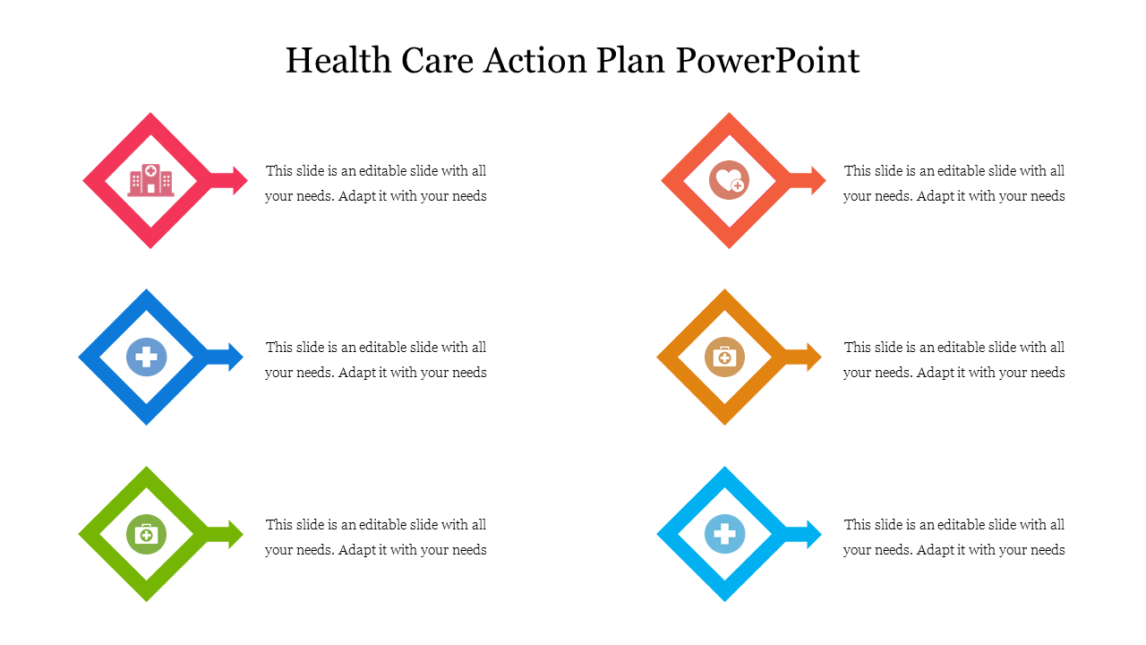 Grid layout with six diamond shaped icons representing healthcare themes in various colors.