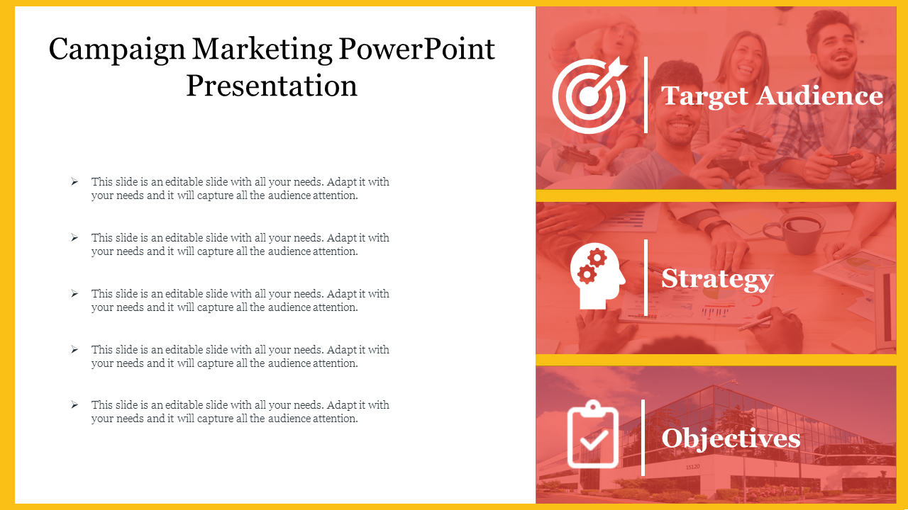 Marketing campaign PowerPoint template with sections for the target audience, strategy, and objectives with icons and images.