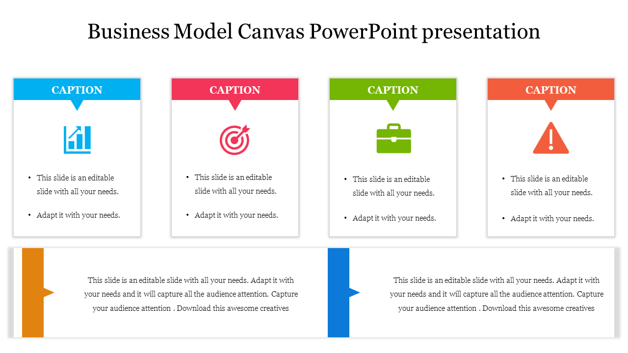 Business model canvas slide with four colored boxes in blue, red, green, and orange, and two text blocks below.