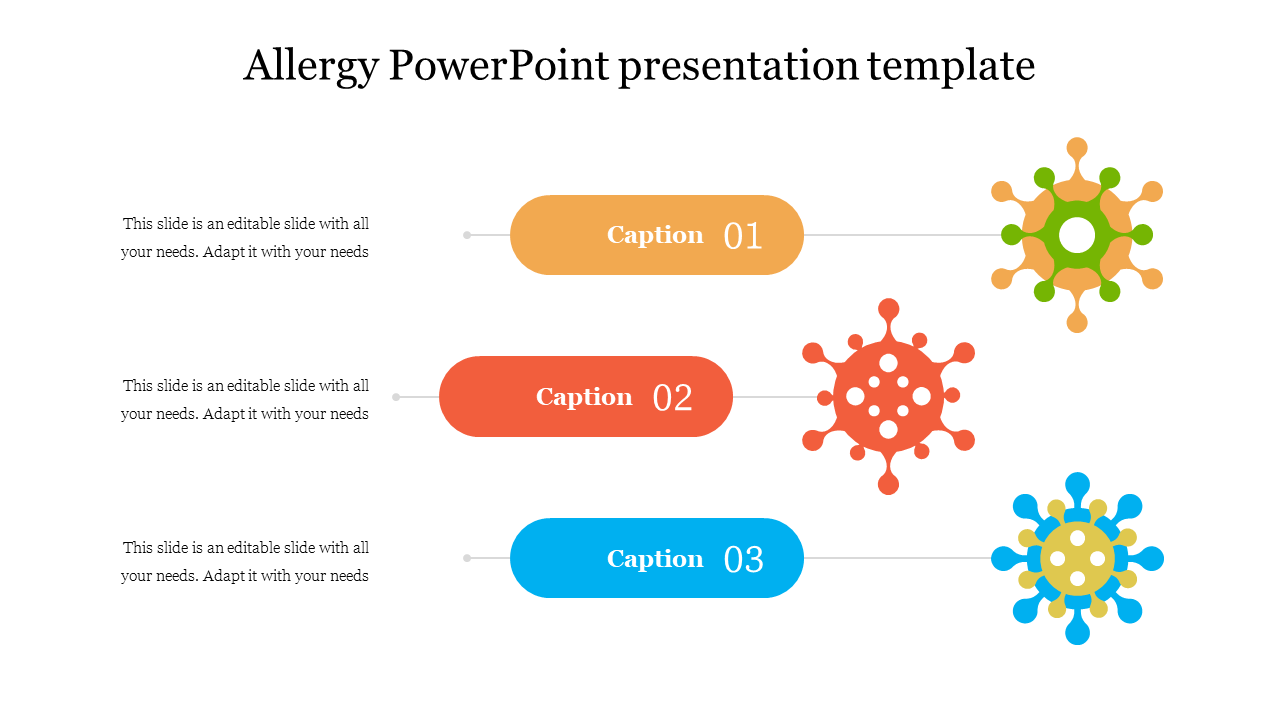 Allergy slide featuring colorful graphics of allergens and text boxes for captions.