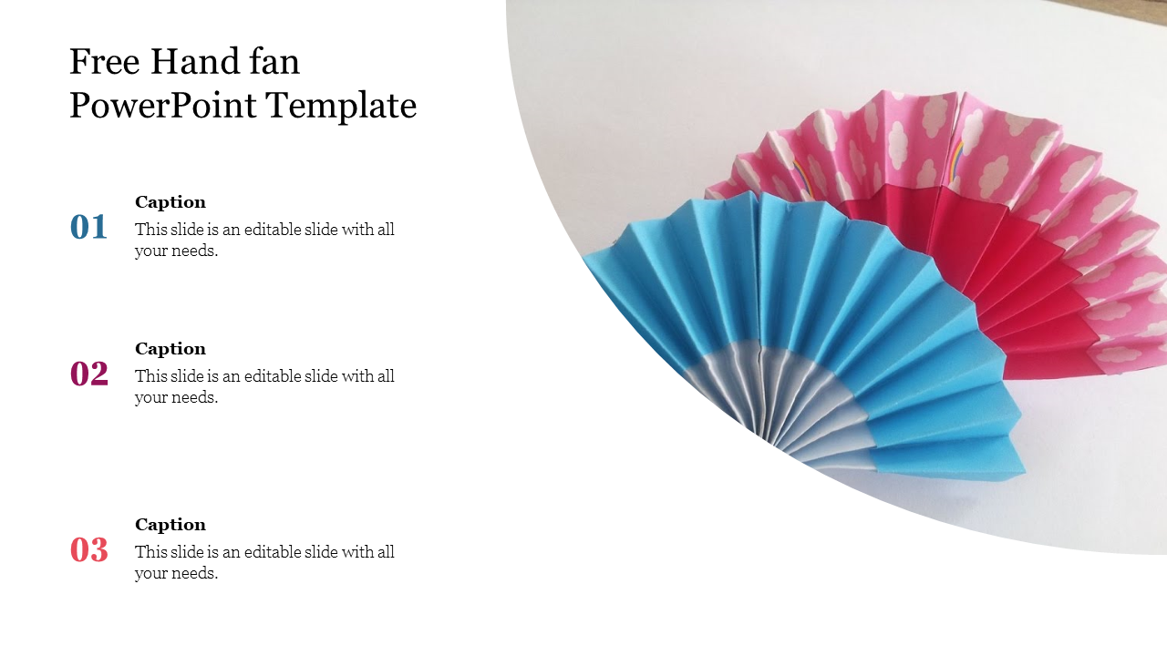 Colorful blue and pink hand fans displayed on a white background with three numbered caption area at the left.