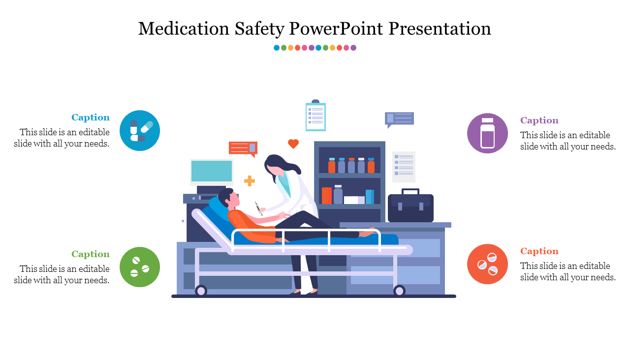 Illustration of a doctor checking on a patient in a bed, surrounded by four colored icons and captions on the sides.