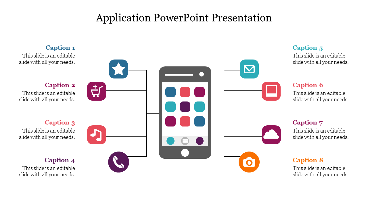 Slide with a central smartphone graphic surrounded by eight colorful application icons with captions on both sides.