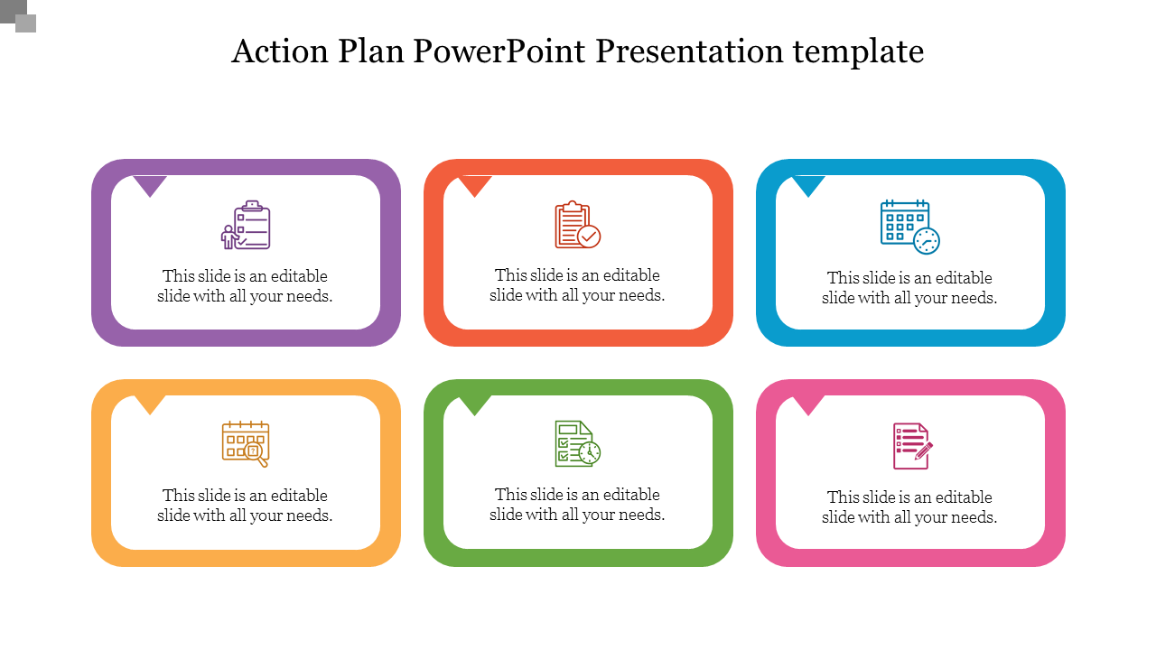 Colorful action plan slide featuring six sections with icons and text captions.