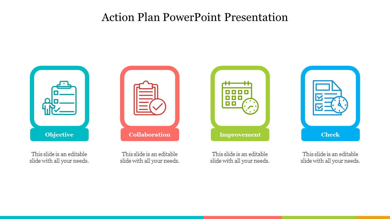 Action plan slide featuring four colored steps each represented by icons and text area.