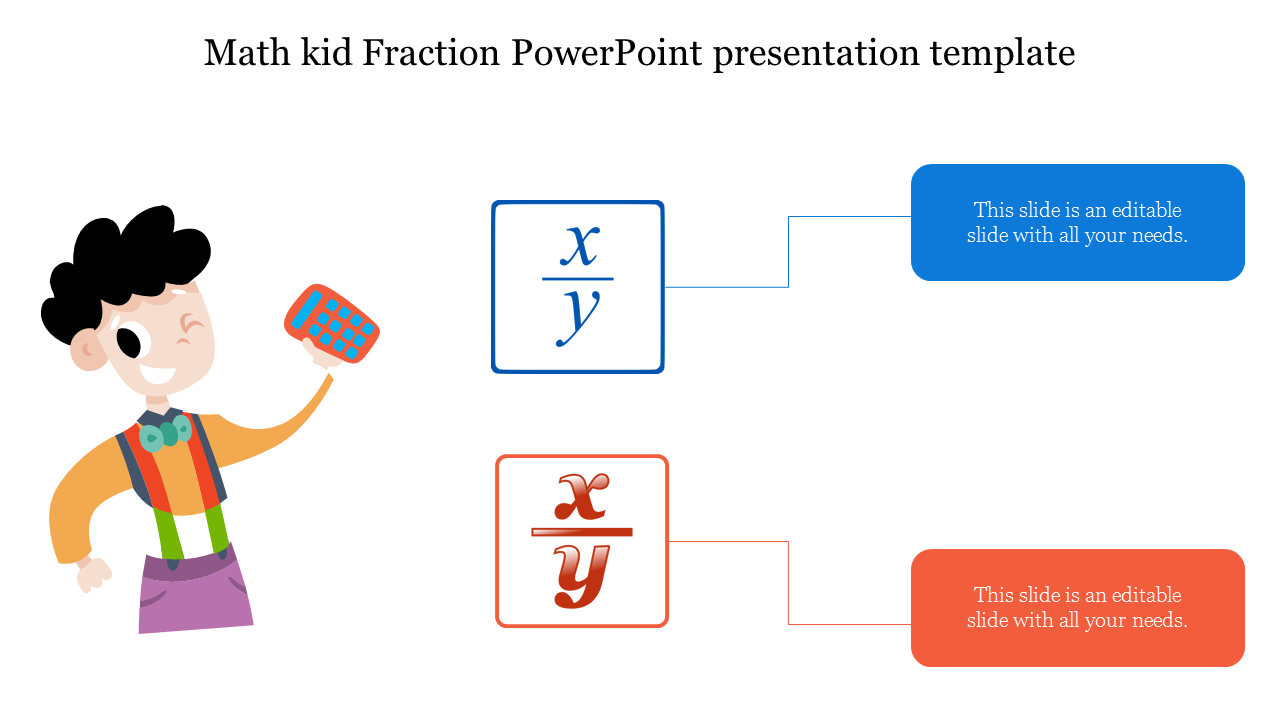 Colorful slide featuring a math kid with fractions, showcasing interactive elements for educational use with text.