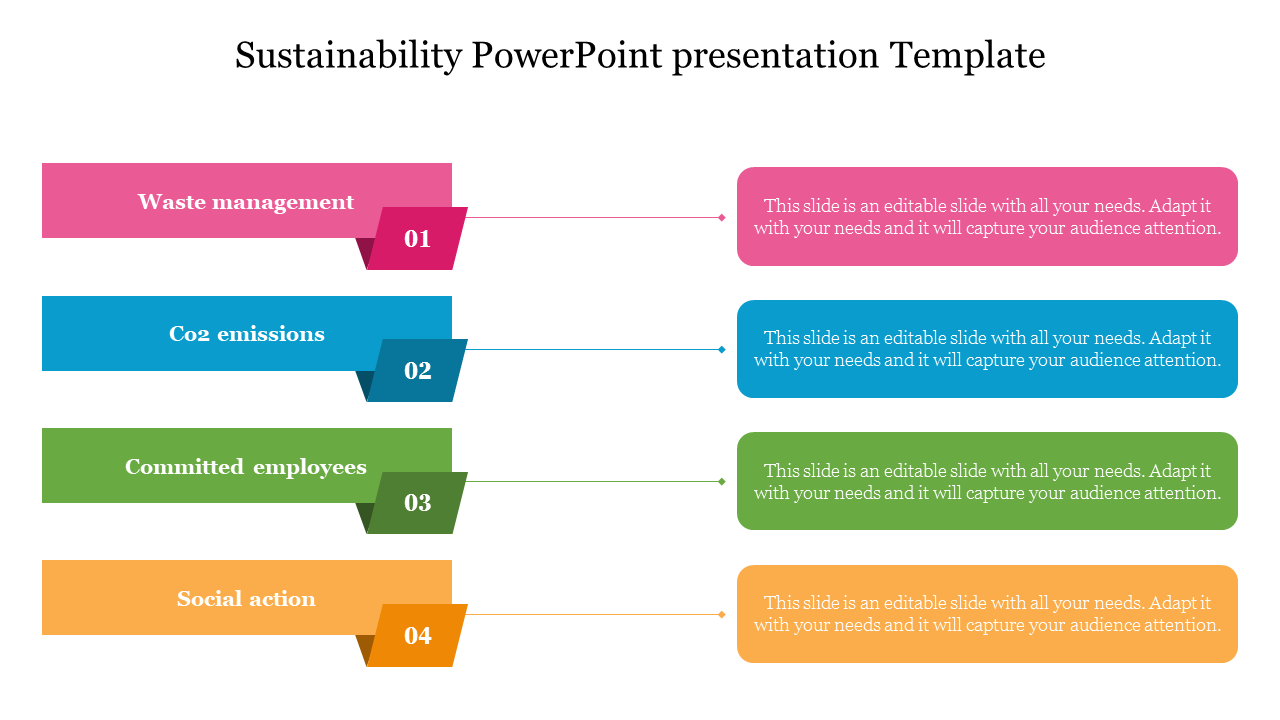 Sustainability slide with four colorful sections waste management, CO2 emissions, committed employees, and social action.